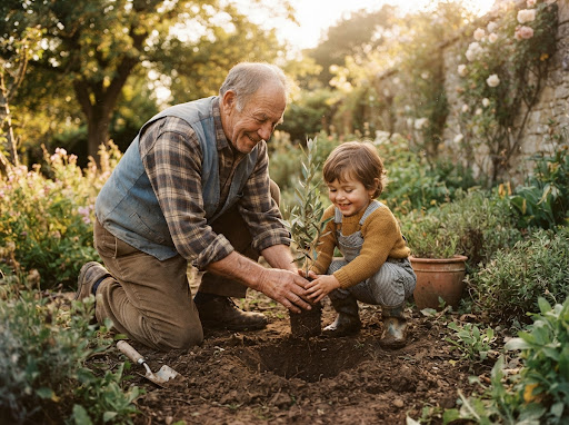 A grandfather and grandchild planting a sapling in a garden